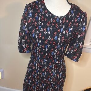 AQUA Dress Black Floral Smocked Mini Women Sz L NEW NWT‎